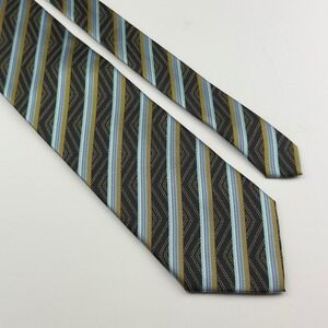 Maria's Made‎ in Italy Silk Necktie Gold Blue Black Geometric Striped Mens Tie